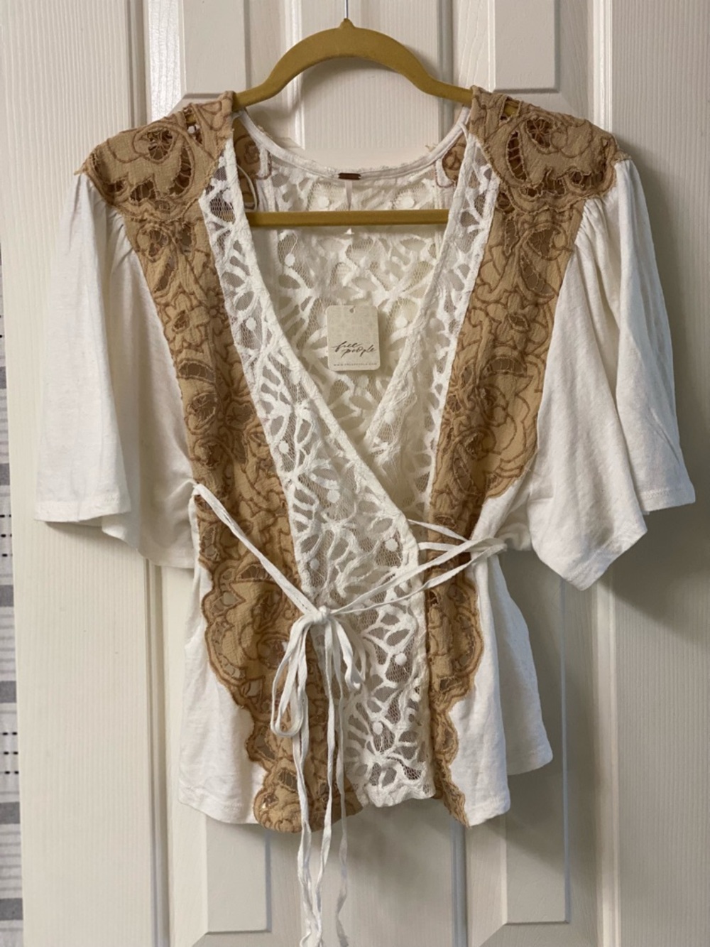 Free People Blossom Lace Wrap Front Tie-Front Or Back Ivory Blouse Size XL NWT